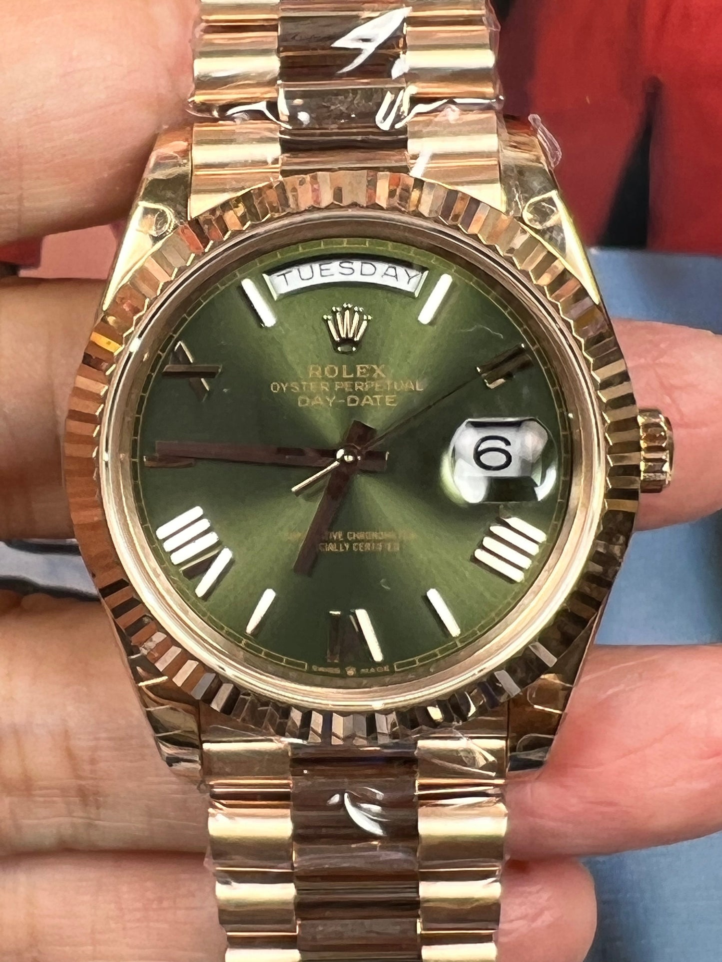 Day-Date quadrante verde cinturino oro 18k numeri romani