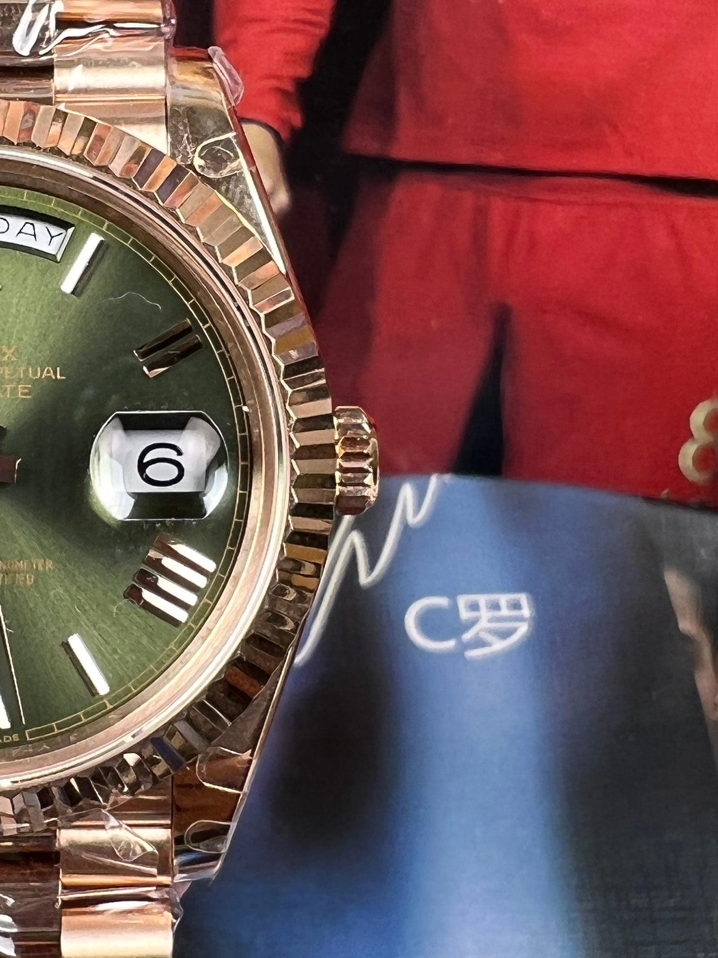 Day-Date quadrante verde cinturino oro 18k numeri romani